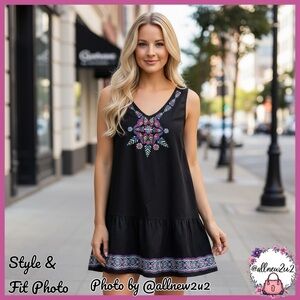 New Jessica Simpson Boho Black Dress with Vibrant Embroidery